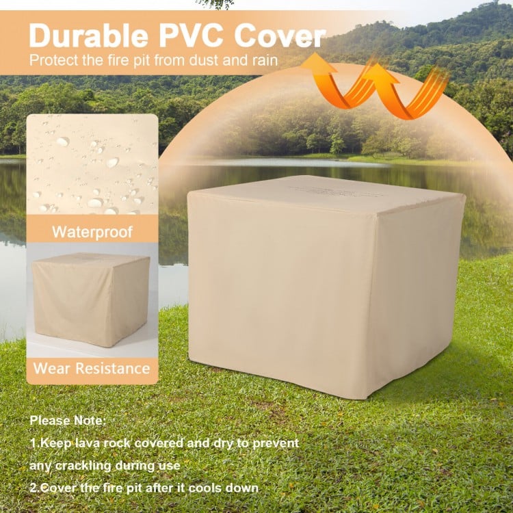 Square propane fire pit table with PVC cover, designed for outdoor use, protects from dust and rain for lasting.