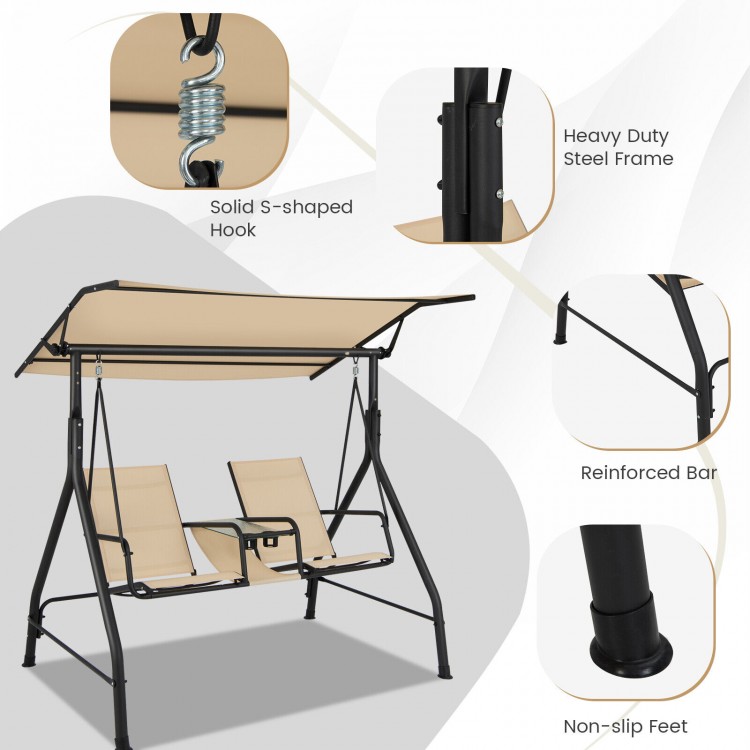 2-seat outdoor cushioned porch swing with adjustable canopy, heavy-duty steel frame, and tempered glass table for patio.