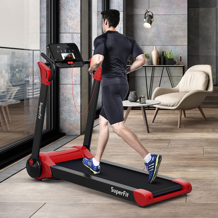 Folding treadmill with 2.25 HP motor, LED display, and phone holder, ideal for home and office workouts.