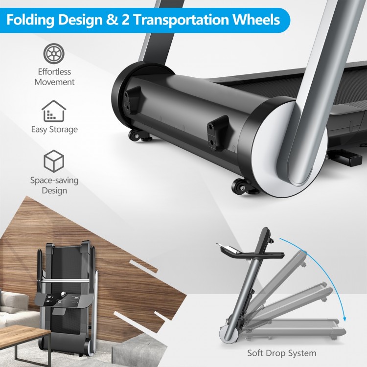 Folding design of the Italian designed treadmill with transportation wheels for easy storage and movement at home.