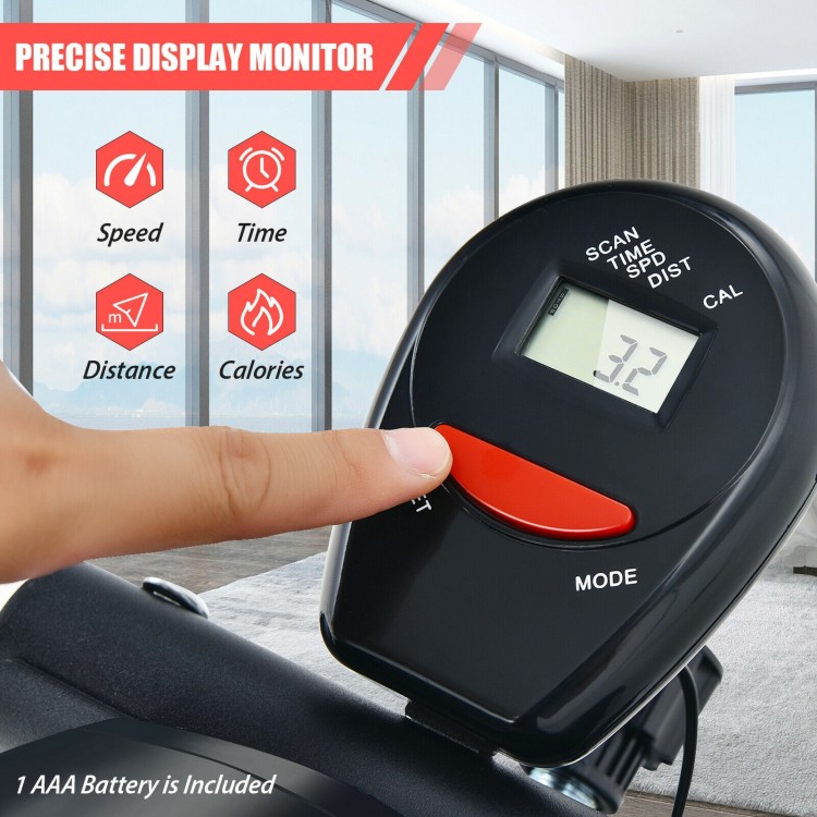 Precise display monitor of the portable under desk bike pedal exerciser showing speed, time, distance, and calories.