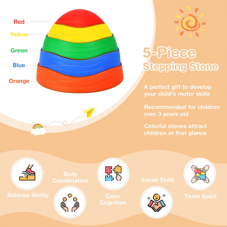 Colorful 5-piece kids balance stepping stones in red, yellow, green, blue, and orange for developing coordination and.