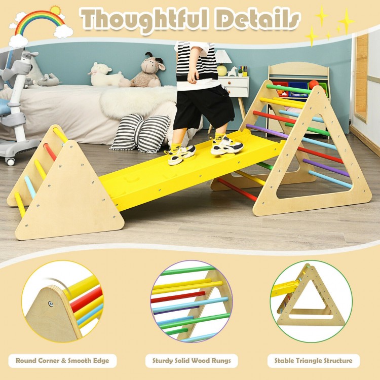 Wooden 3-in-1 climbing toy set featuring two triangle climbers and a ramp, designed for safe play and motor skill.