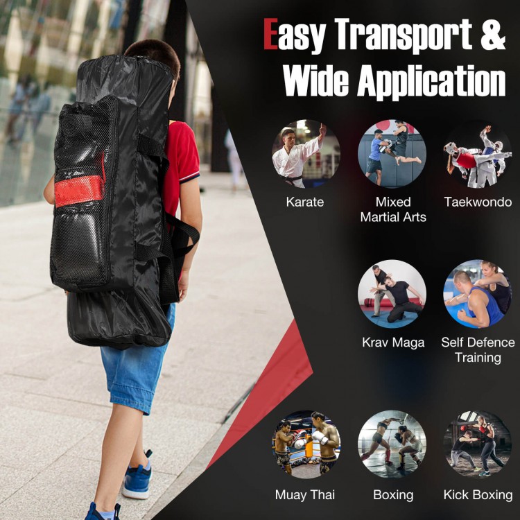Kids hanging punching bag set in black, includes gloves, ideal for Karate and Taekwondo training with durable materials.