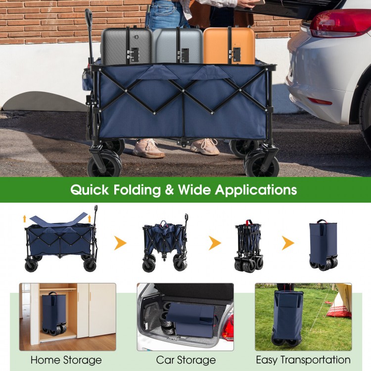 Folding utility garden cart in blue with wide wheels, adjustable handle, and large capacity for easy transportation.