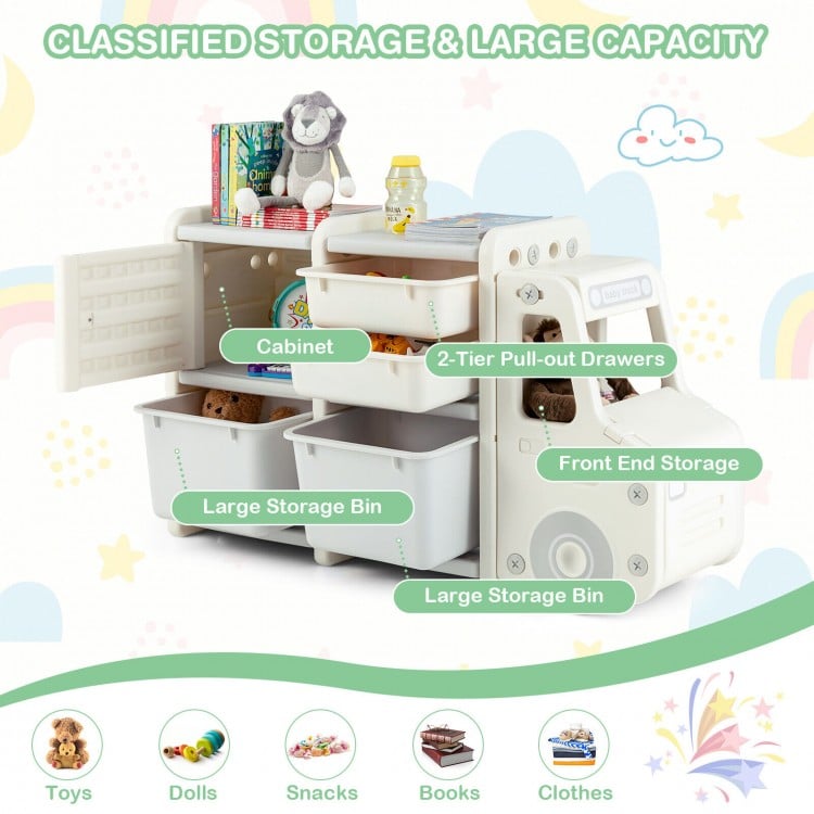Toddler truck storage organizer in beige with 2-tier pull-out drawers and large bins for toys and books, perfect for.