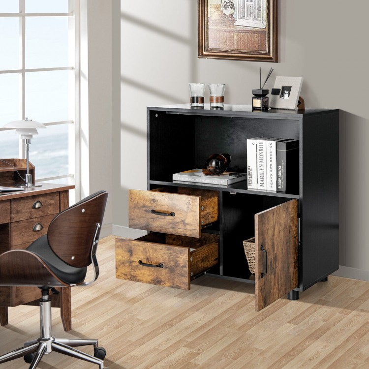 Kitchen storage buffet sideboard in black with rustic brown accents, featuring 2 drawers and an open shelf for.