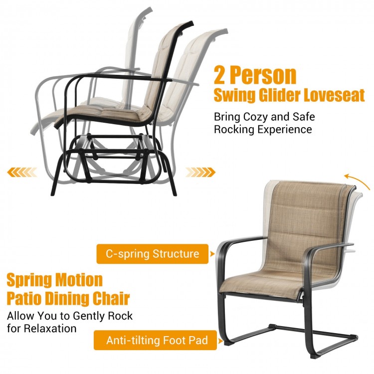 2-person swing glider loveseat with ergonomic padded backrest and rustproof steel frame for outdoor relaxation.