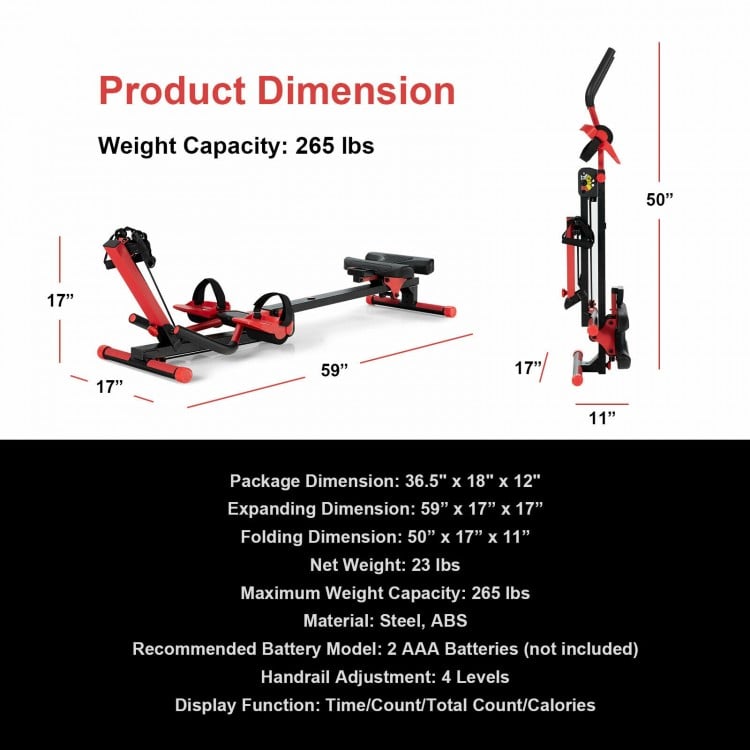 Folding rowing machine dimensions with adjustable seat and control panel for home gym workouts, made of steel and ABS.
