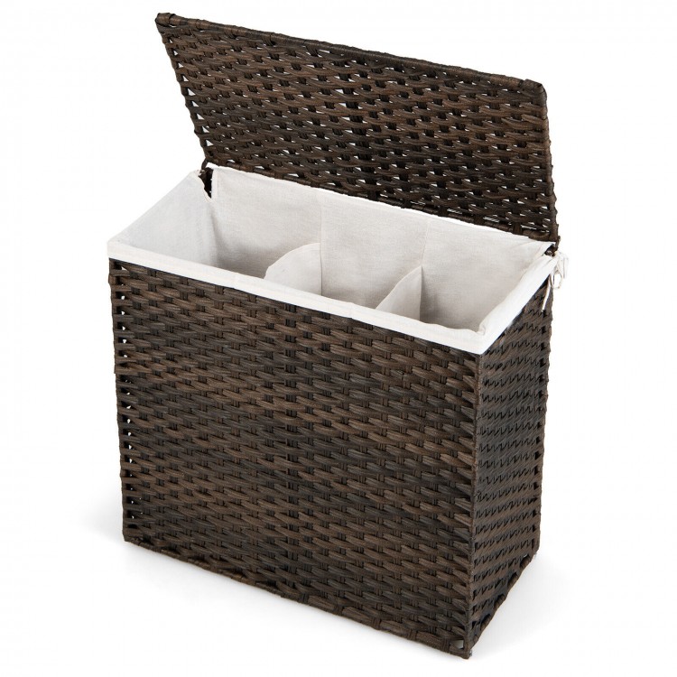 Brown 10L 3-section laundry hamper with removable liner bag and handles, ideal for sorting clothes by color.