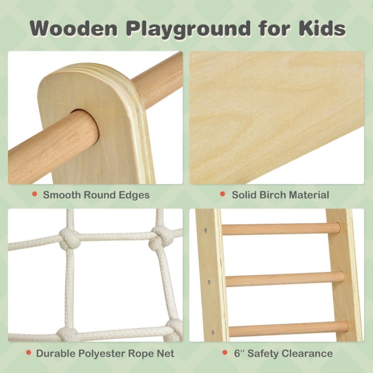 Wooden climbing gym for kids featuring solid birch material, smooth edges, and durable polyester rope net for safe play.