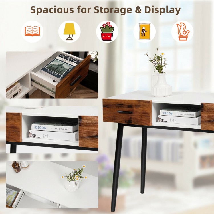 Spacious 42-inch industrial console table with two drawers, showcasing a sleek design and open shelf for versatile.