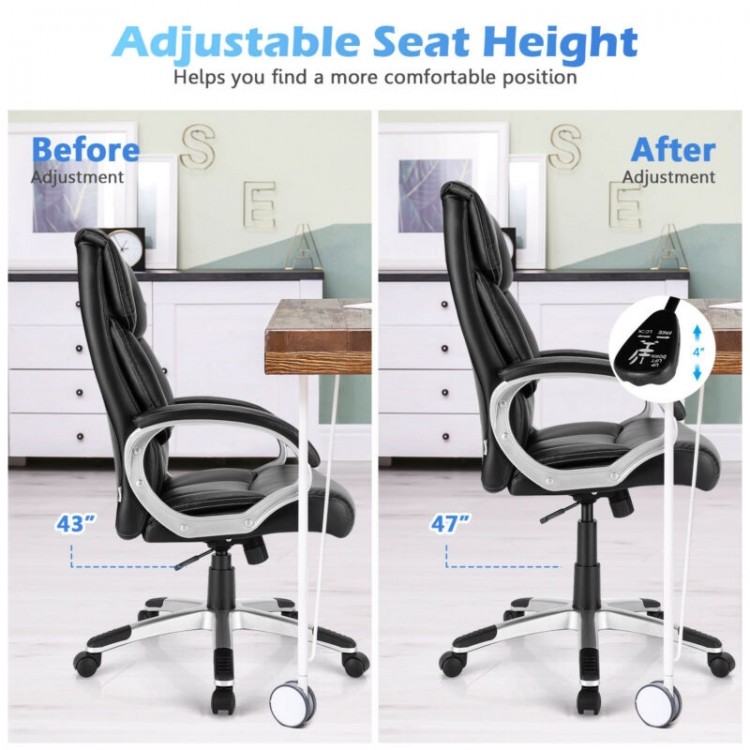 Adjustable high back leather executive chair showing seat height change from 43" to 47", ideal for office comfort.