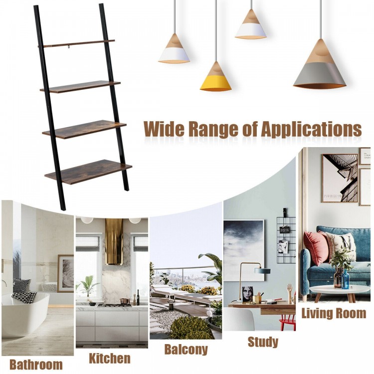 4-tier industrial leaning wall bookcase in brown with metal frame, perfect for storing books and decor in any room.
