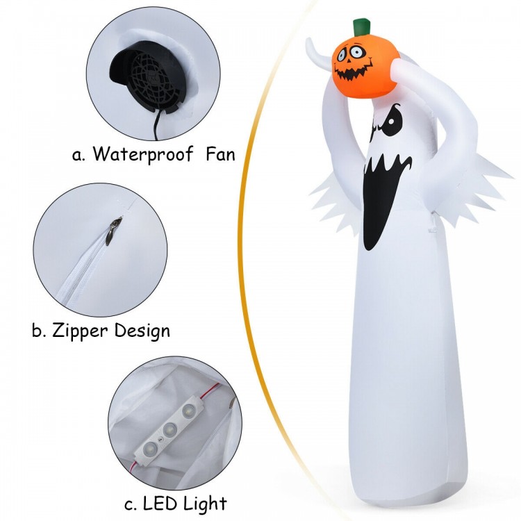 6-foot Halloween inflatable ghost with pumpkin, featuring LED lights, waterproof fan, and zipper design for easy setup.