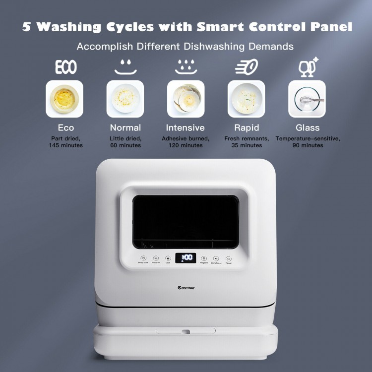 Portable countertop dishwasher with smart control panel, 5 washing cycles, and 7.5L water tank for efficient cleaning.