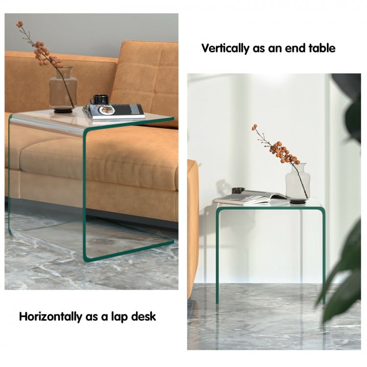 Tempered glass end table shown vertically as an end table and horizontally as a lap desk, featuring a minimalist design.