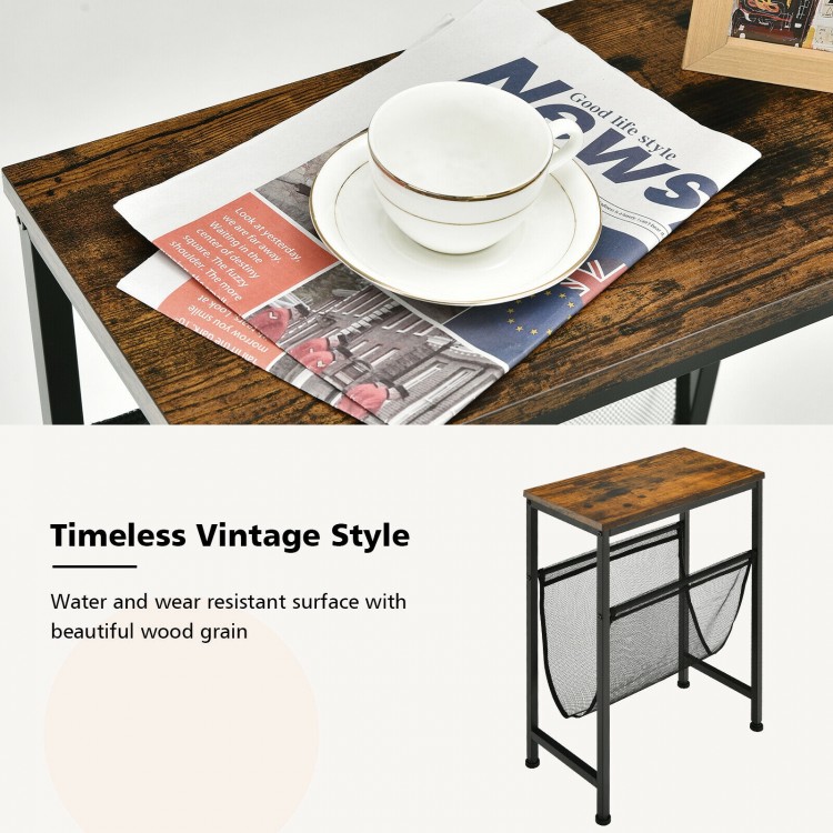 Narrow end table with a wood grain surface and mesh magazine holder, perfect for small spaces in living rooms or.