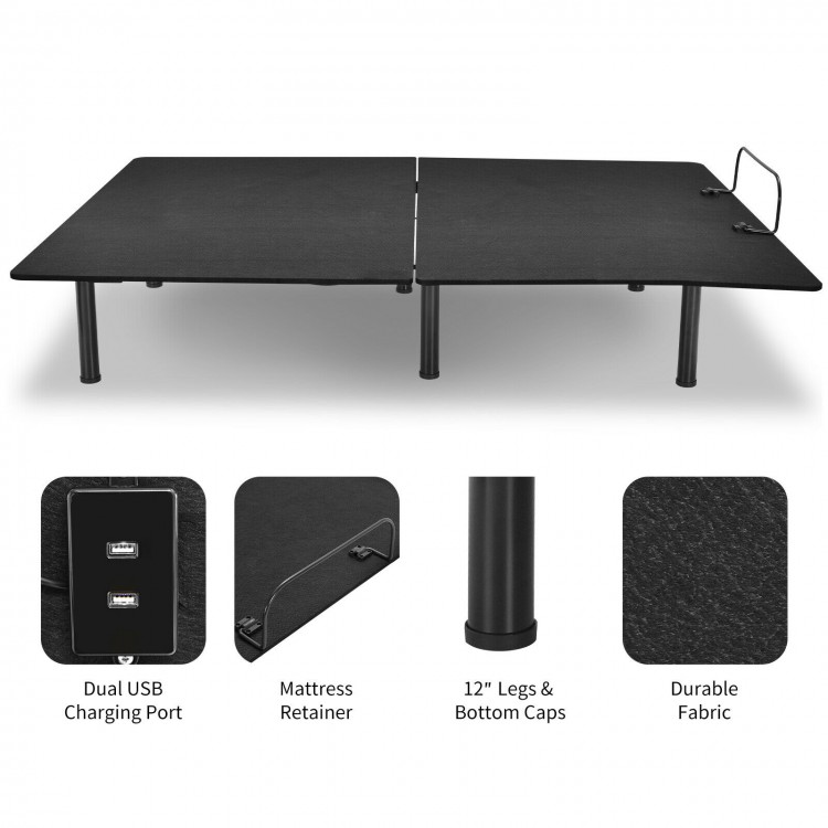 Queen size adjustable bed base frame with wireless remote, dual USB ports, and durable fabric for long-term use.