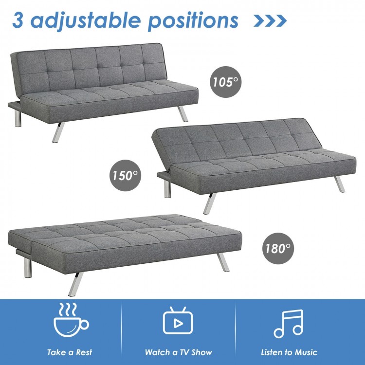 Convertible 3-seat sofa bed in gray with 3 adjustable positions, perfect for small apartments and versatile living.
