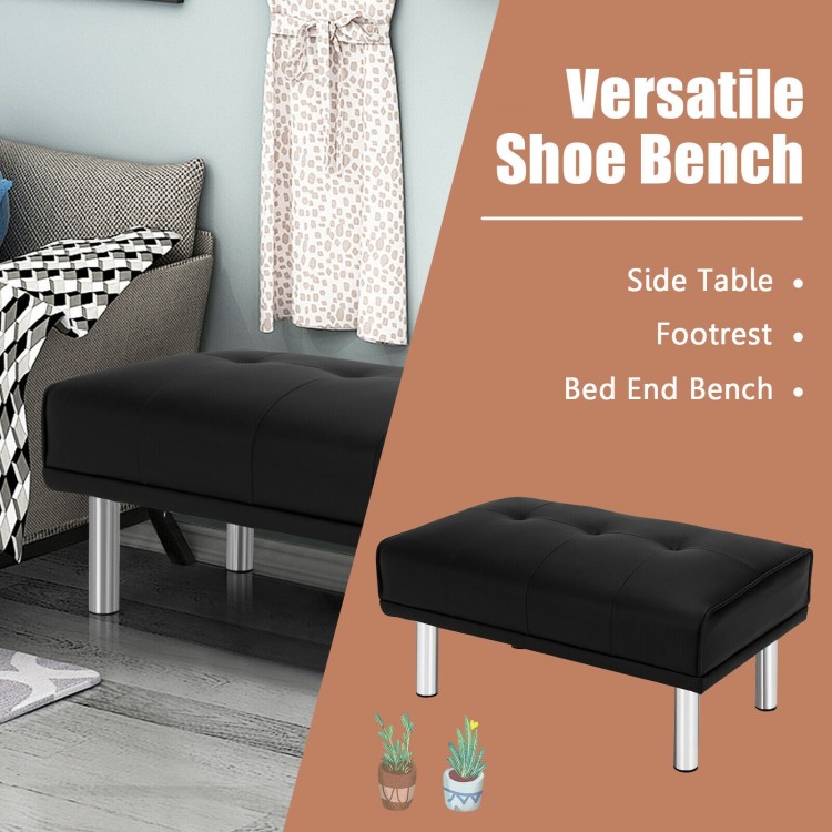 Rectangle tufted ottoman in black with stainless steel legs, versatile for living room, bedroom, or as a shoe bench.