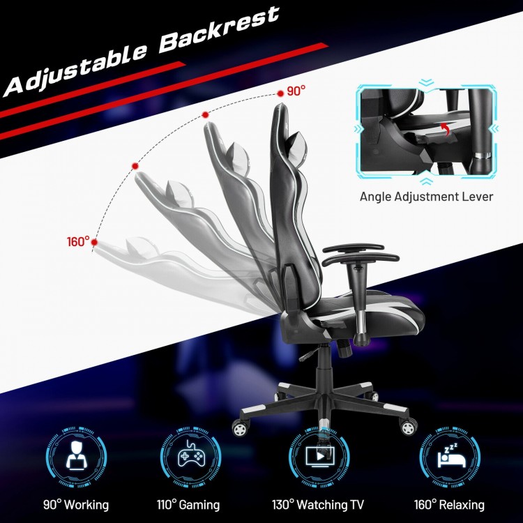 Adjustable backrest gaming chair in white, tilts from 90° to 160°, ideal for work, gaming, or relaxation.