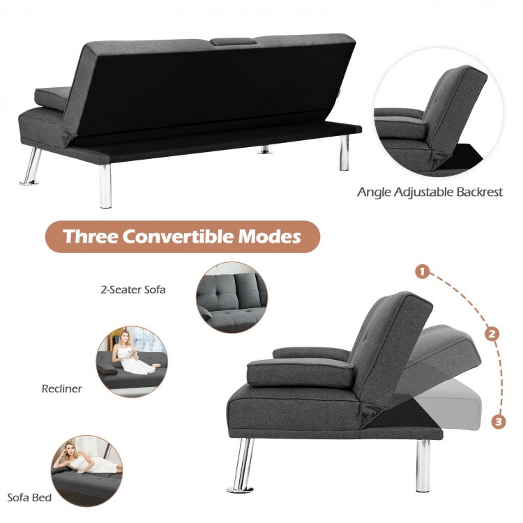Convertible folding futon sofa bed in dark gray with adjustable backrest and two cup holders for versatile use.