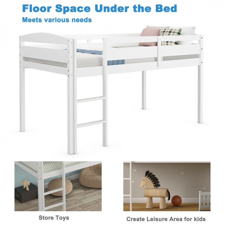 Wooden twin low loft bunk bed in white with guard rail and ladder, featuring under-bed storage space for toys.