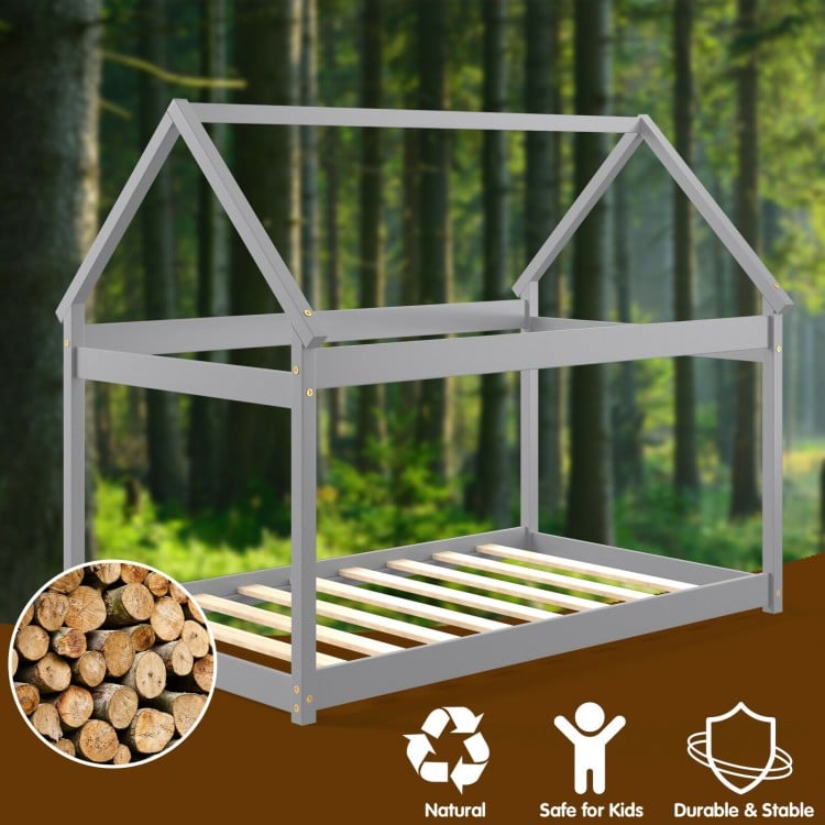 Twin Size Kids House Bed Wood Frame with Roof - Gallery View 12 of 12