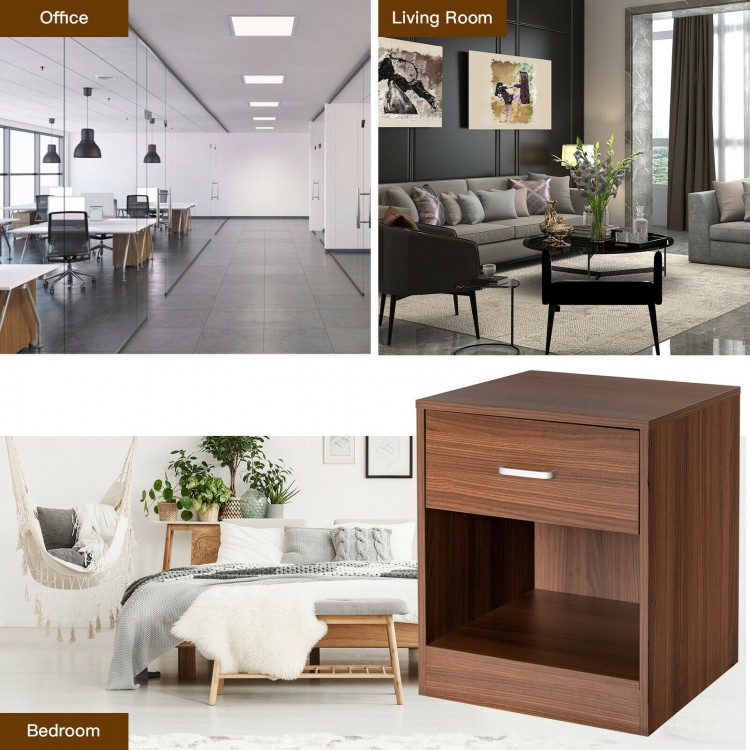 Modern brown nightstand with storage drawer and open compartment, perfect for bedroom or living room decor.