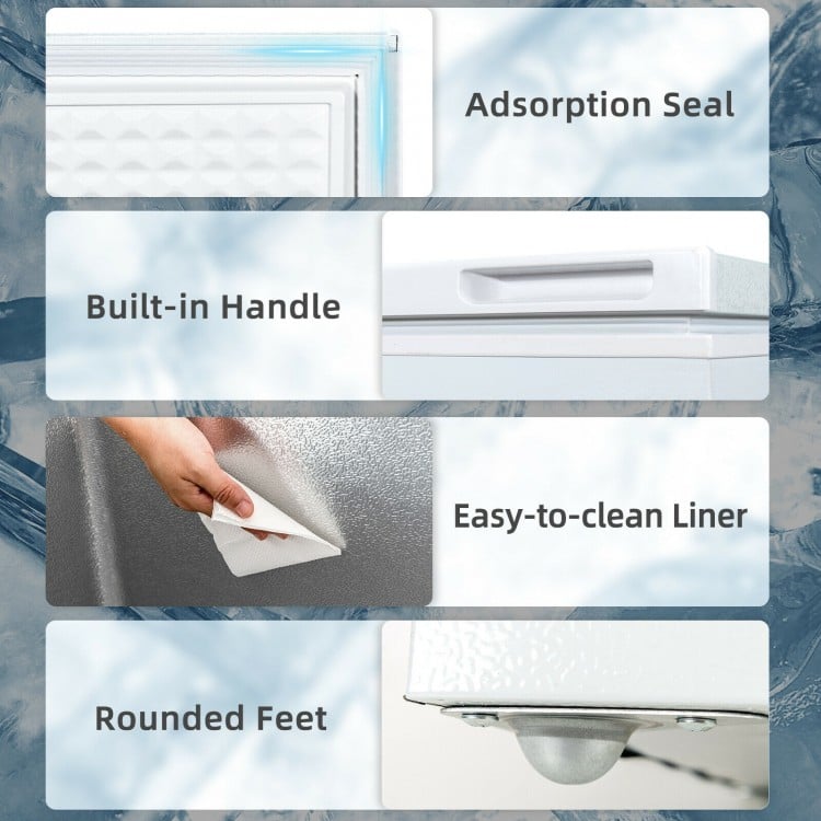 Close-up of the built-in handle and easy-to-clean liner of the 5.2 cu.ft chest freezer for efficient food storage.