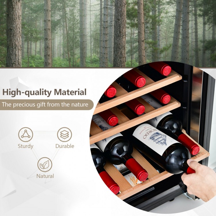 43-bottle wine cooler with dual zone temperature control, stainless steel door, and wooden shelves for optimal wine.
