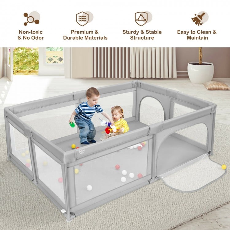 Extra-large gray safety baby fence with 50 ocean balls, featuring a sturdy structure and 360° visibility for playtime.