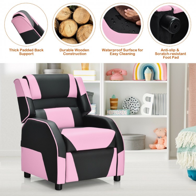 Kids youth PU leather gaming sofa recliner in pink, showcasing thick padded back support and anti-slip foot pad for.