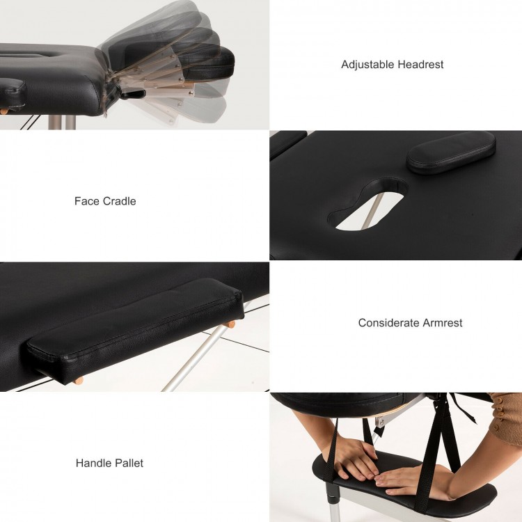 Adjustable headrest and armrests on the 84-inch portable massage bed, ideal for spa and facial treatments.