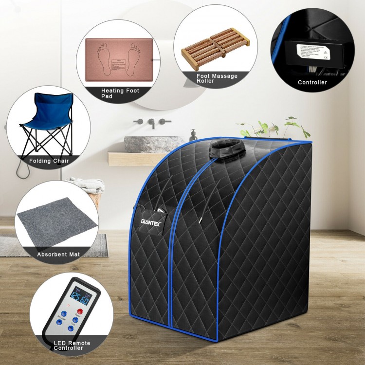 Portable personal far infrared sauna in black with heating foot pad, foldable chair, and LED controller for relaxation.