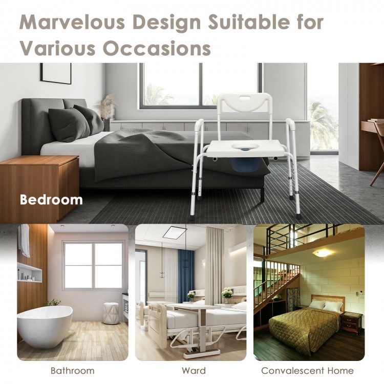 3-in-1 bedside commode chair with adjustable height, wide backrest, and armrests for comfort in various settings.