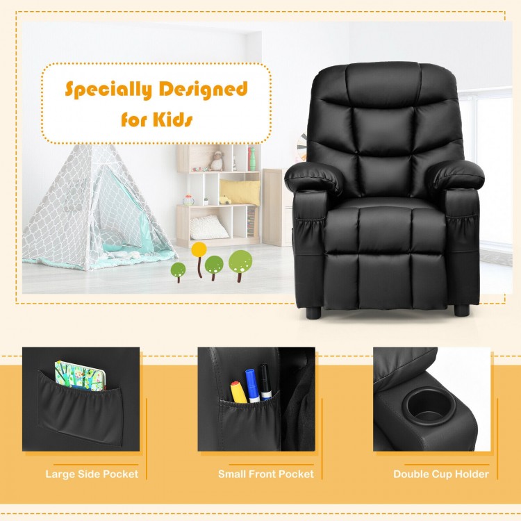 Kids recliner chair in black with cup holder, ergonomic design, and side pockets for storage, perfect for ages 3 and up.