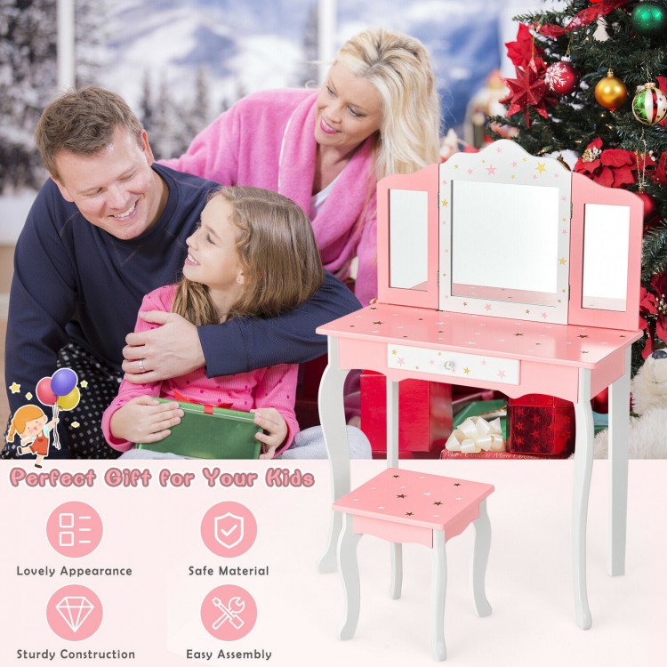 Kids pink vanity table and stool set with tri-folding mirror, sturdy MDF construction, perfect for play or study.