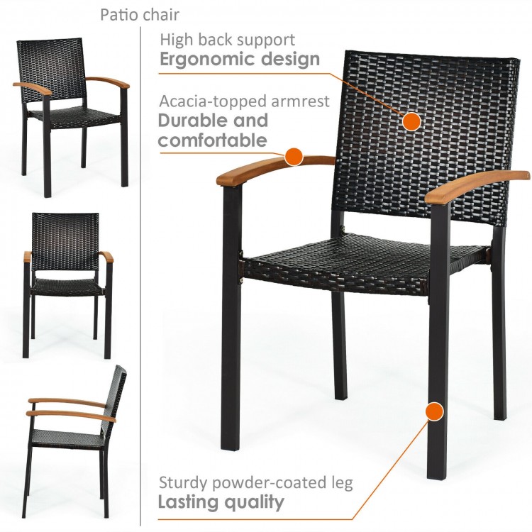 Outdoor patio wicker dining chair with ergonomic design, acacia armrest, and sturdy powder-coated steel frame for.