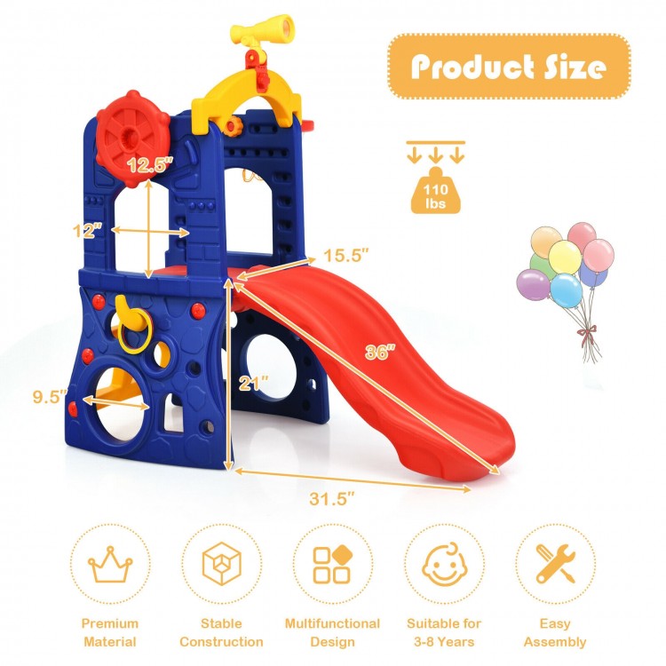 Freestanding kids slide with basketball hoop, made of HDPE, 36" tall, safe for indoor and outdoor play, supports 110.