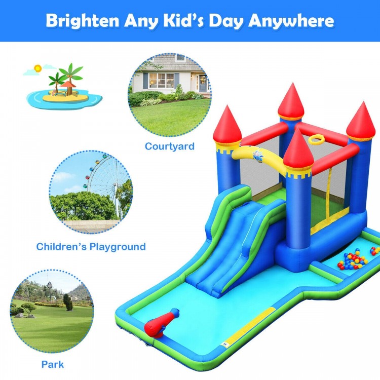 Kids inflatable bounce house water slide with colorful ocean balls, large pool, and climbing wall for outdoor fun.