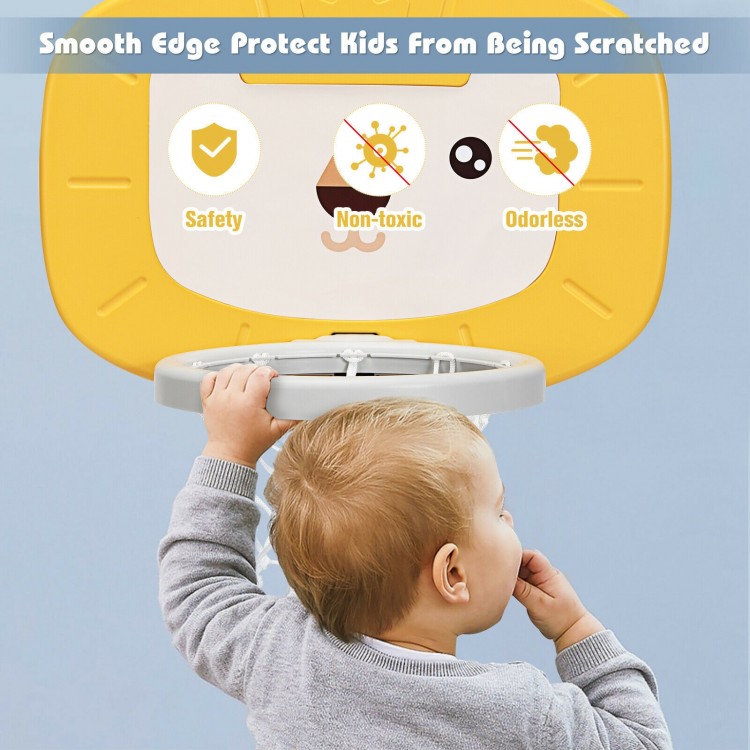 Adjustable kids basketball hoop set in yellow, featuring 5 height settings for ages 2-7, safe and non-toxic design.