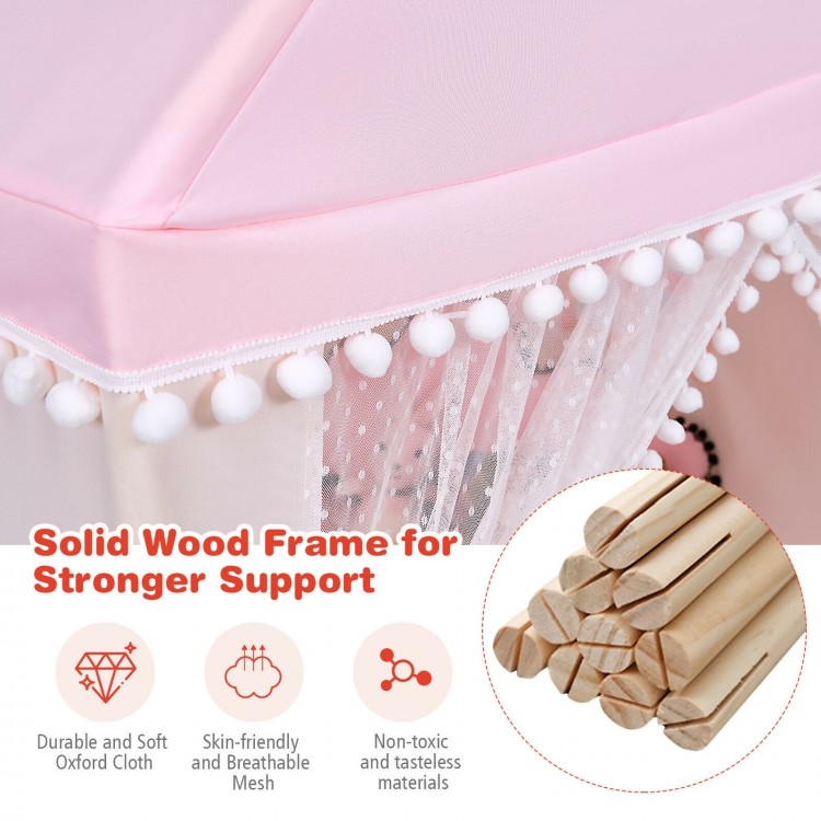 Kids play tent in pink with solid wood frame, breathable mesh, and soft mat for indoor and outdoor fun.