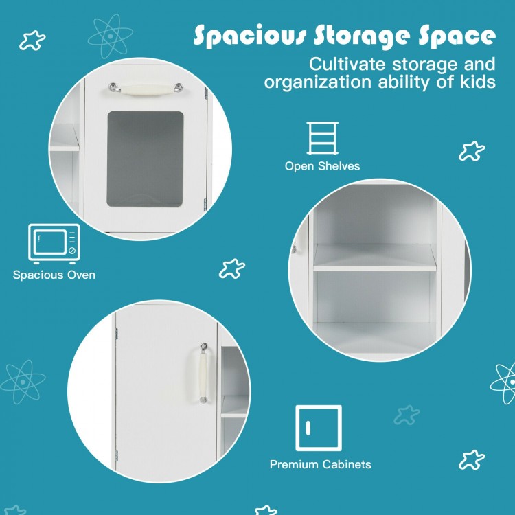 Kids kitchen playset featuring spacious storage, open shelves, and premium cabinets for organized pretend cooking fun.