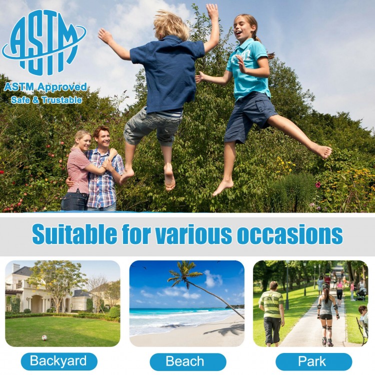 8-foot outdoor trampoline with safety net and ladder, featuring rust-resistant steel frame for safe jumping fun.