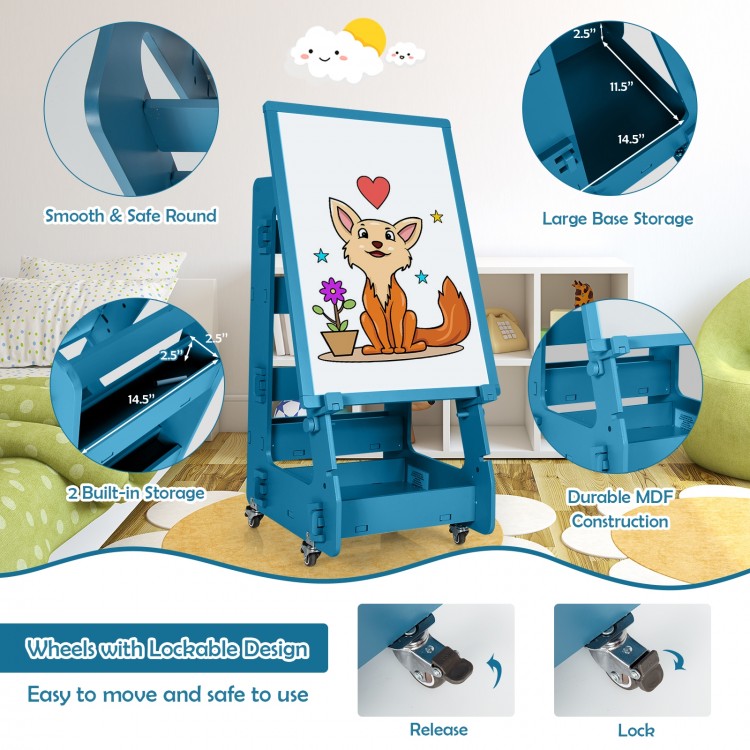 Kids' standing art easel in navy with adjustable height, large drawing board, and lockable wheels for easy movement.