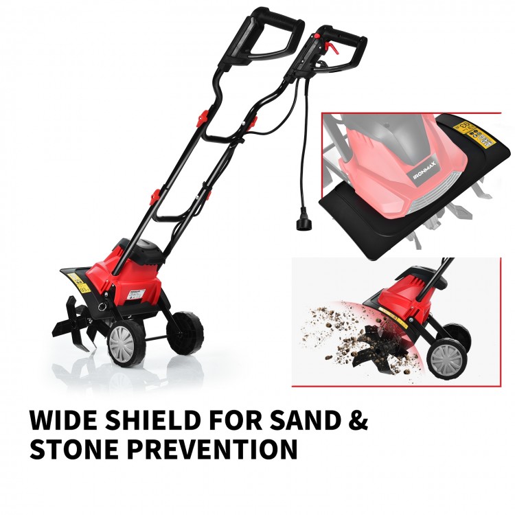 14-inch electric tiller with 10-amp motor and wide shield for stone prevention, ideal for small to medium gardens.