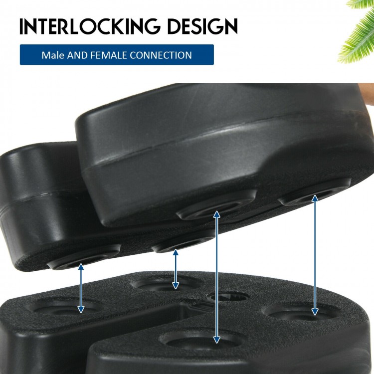 Close-up of interlocking design of 30lbs canopy weights, featuring no-pinch connection for secure stacking and outdoor.