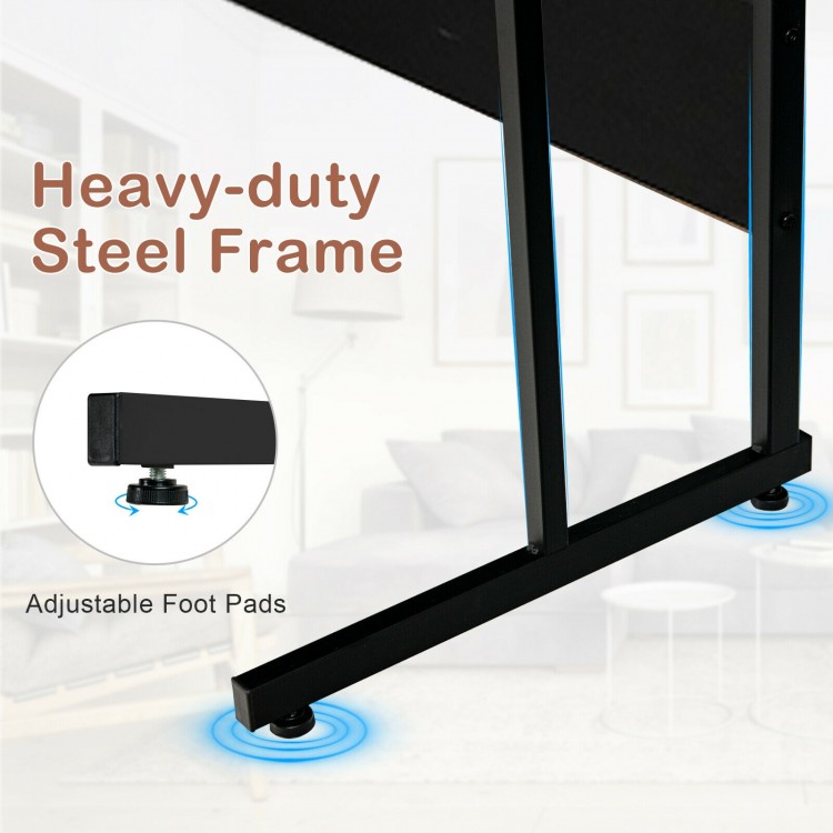L-shaped computer desk with heavy-duty steel frame and adjustable foot pads, ideal for ergonomic workspace setup.
